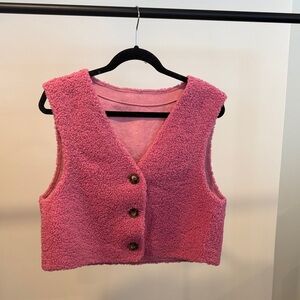 Anthropologie Cropped Pink Sherpa Button-Up Vest